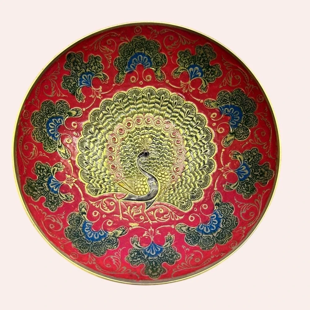 Vintage Brass Peacock Painted Art Bowl Red Enamel Etched India Candy Alter